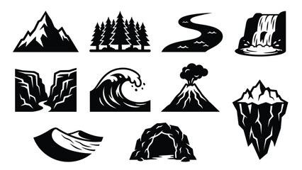 Fototapeta premium Natural landscape and geographical feature icons showing mountains forest river and coastal elements.