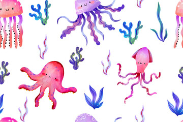 Cute pink octopus and jellyfish seamless pattern for summer pool party children birthday stationery nautical textile background hand drawn cartoon illustration © Ilona
