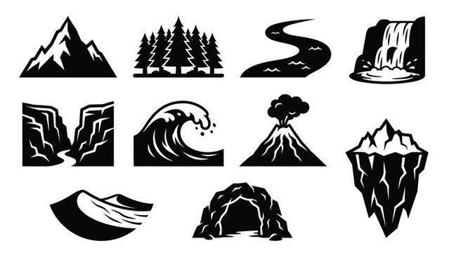 Natural landscape and geographical feature icons showing mountains forest river and coastal elements.