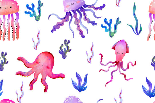Cute pink octopus and jellyfish seamless pattern for summer pool party children birthday stationery nautical textile background hand drawn cartoon illustration