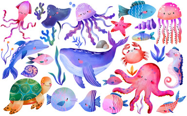Hand drawn cute sea animals set for kids birthday party and ocean theme baby shower decoration isolated on white background