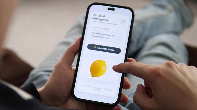 an AI image generation result on a smartphone. The interface shows the input prompt, the generated 4K lemon image, and AI inference details. Ideal for illustrating AI creativity, machine learning, and