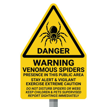 Warning sign mounted on a metal pole displays a bold graphic of a spider to notify the public about the existence of venomous arachnids and the necessity of keeping children and pets supervised.