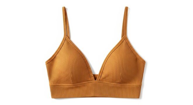 A ribbed, mustardcolored bralette with thin straps, isolated on white background
