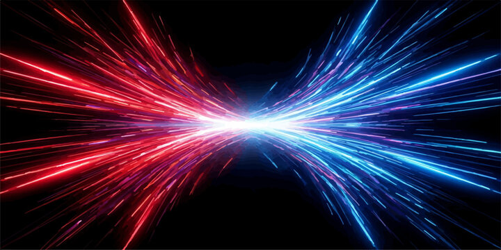 Dynamic red and blue light streaks converging at a brilliant central flash point with abstract background futuristic technology colorful velocity electric illumination intensity transmission