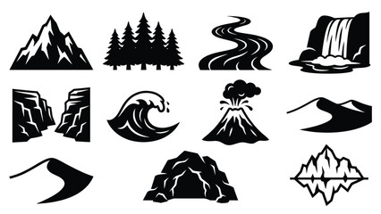 Fototapeta premium Natural landscape elements and formations icons.
