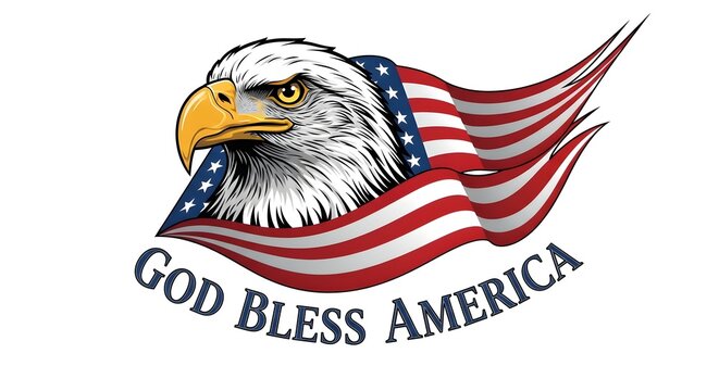 Fierce Bald Eagle Head with Waving American Flag and God Bless America Quote