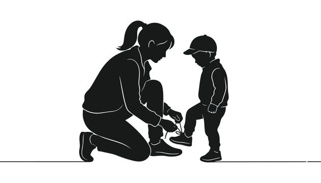 Mother helping child with shoelaces silhouette illustration