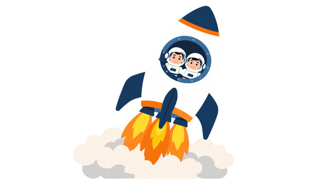 Cartoon rocket launch with two astronauts in spaceship window