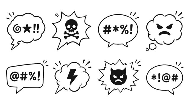 Hand drawn speech bubbles with angry symbols and warning icons