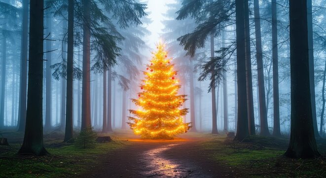 A luminous Christmas tree glows with warm lights amidst a thick fog in a dense forest, with a narrow dirt path leading toward its magic, forest, outdoor, mist