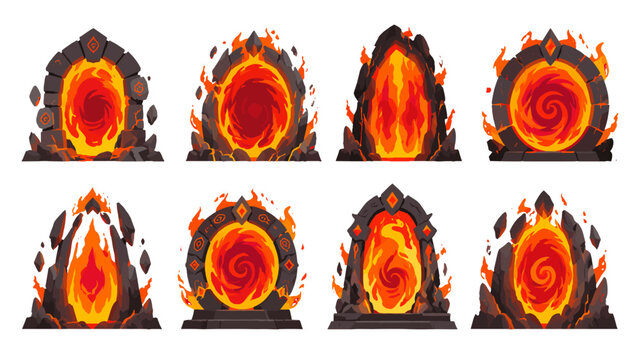 Set of fiery stone portals with glowing lava openings