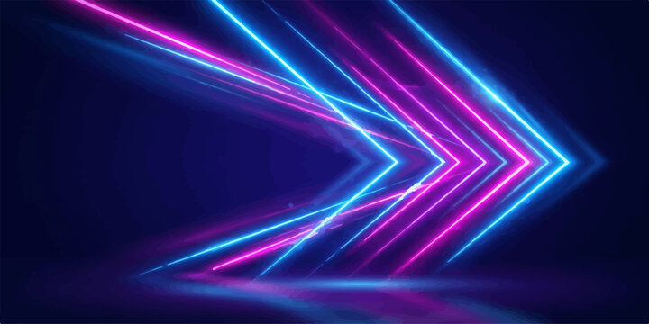 Glowing neon arrow shapes with motion trails in blue and pink abstract background futuristic direction technology innovation movement electric performance intensity illumination