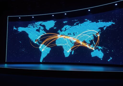 A massive glowing digital world map shines on a large stage screen, symbolizing international networking and data flow at a tech summit, expansion, map, fiber