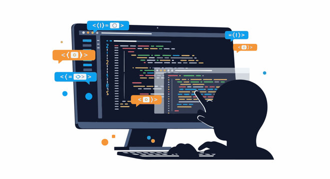 A person interacts with computer code on a monitor