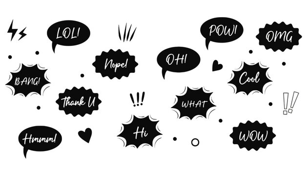 Comic speech bubbles set with funny expressions black icons