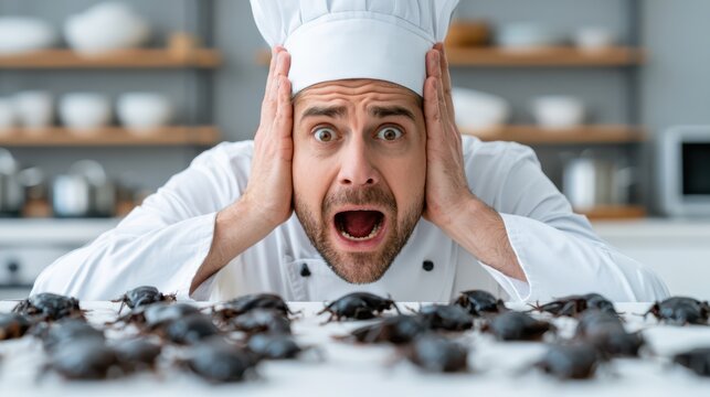A shocked chef wearing a white uniform and hat looks terrified, surrounded by a swarm of large black cockroaches on a kitchen counter.