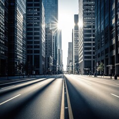 Fototapeta premium Intense midday sun creates visible heat waves above a deserted urban street framed by towering glass skyscrapers and dark long shadows, street, deserted, skyline