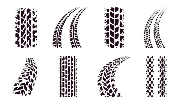 Set of black tire tread track marks isolated on white