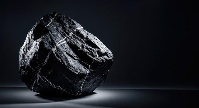 Intense light hits the side of a massive black boulder against a dark backdrop, highlighting the craggy surface and sharp natural details, moody, minimalism, heavy