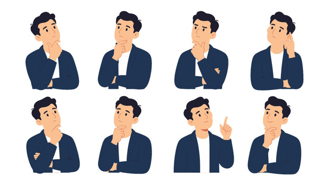 Set of man thinking poses in flat cartoon vector style