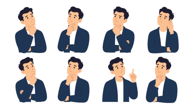 Set of man thinking poses in flat cartoon vector style
