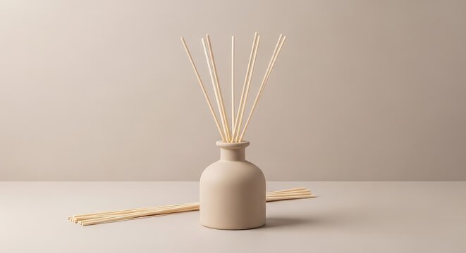 Minimalist beige ceramic reed diffuser with light wooden sticks on a neutral surface for aromatherapy, home decor, and a peaceful ambiance, air, calm, freshener