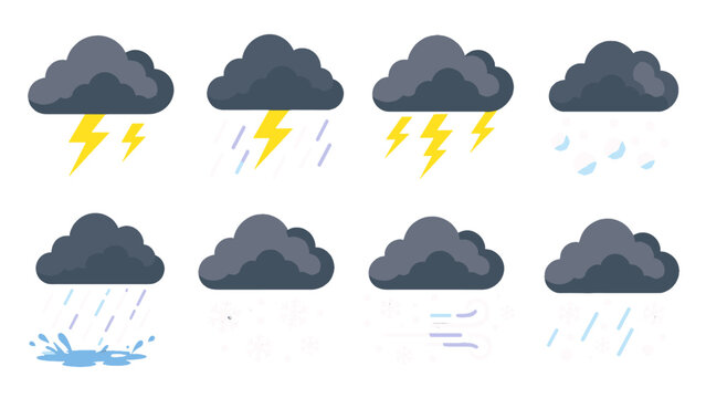Set of dark cloud weather icons with rain snow and lightning