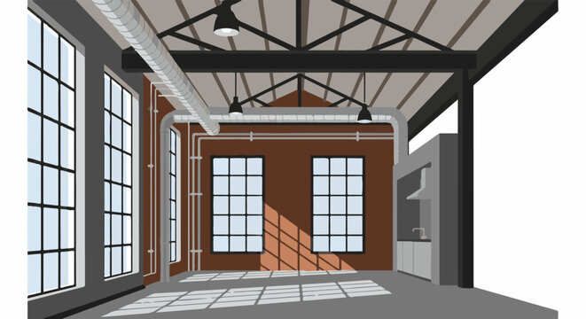 An industrial interior with exposed ductwork and large windows