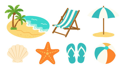 Obraz premium Summer beach vacation icons set with chair umbrella and ball