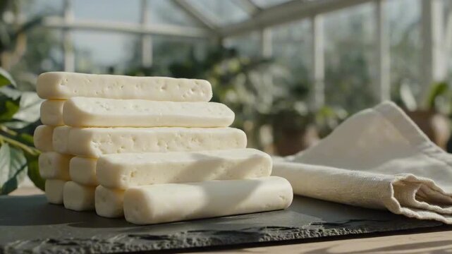 Sunlit mozzarella snack sticks rest in an orderly stack beside natural linen inside a leafy glasshouse, creating a calm artisan food scene for string cheese day with subtle botanical shadows.