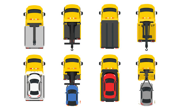 Top view set of yellow tow trucks with different towing methods