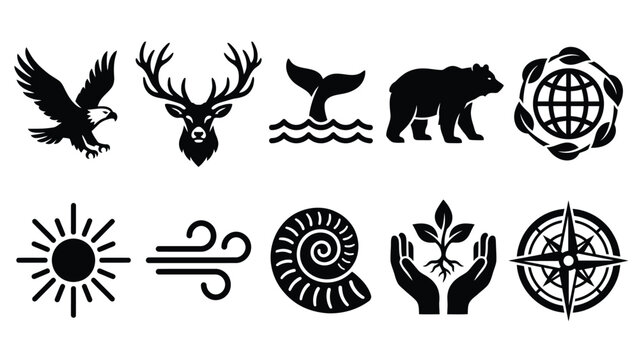 Set of ten vector icons representing nature and wildlife elements including a sun, wind, and various animals.