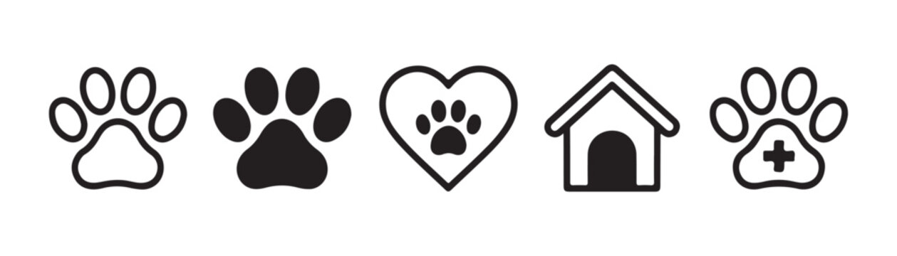 Set of pet themed icons including paws heart and kennel house on a clean transparent background.