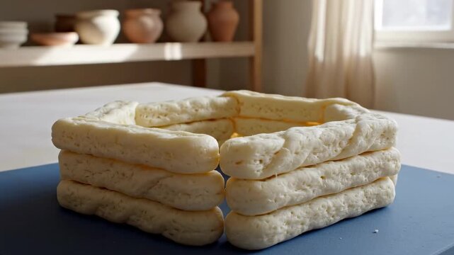 Soft mozzarella snack bars form a hollow square enclosure on a blue board in a quiet pottery studio, offering string cheese day a minimalist food construction with warm domestic morning light.