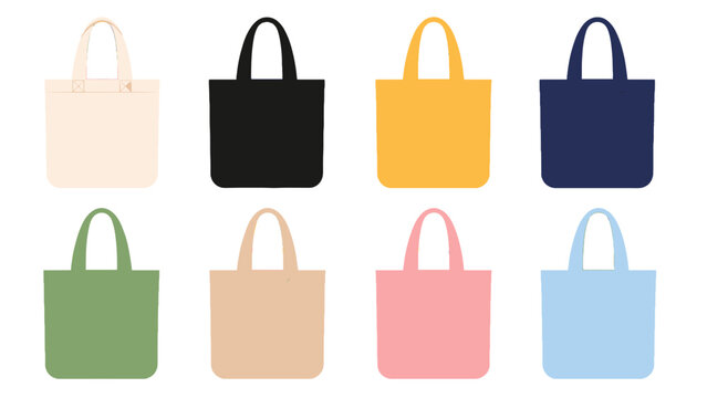 Set of colorful reusable tote bags in flat vector style