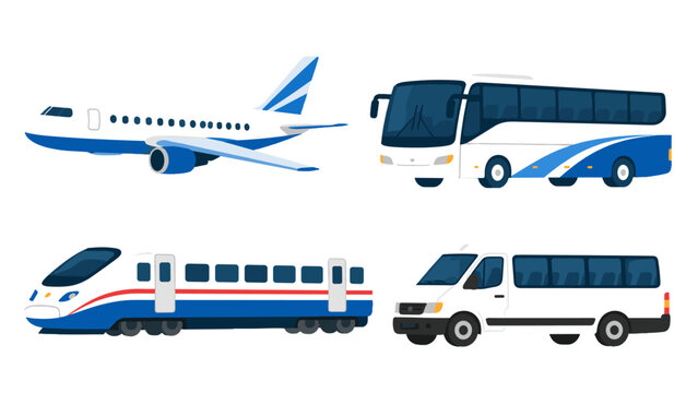 Set of passenger transport vehicles including plane bus train and van