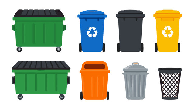 Set of colorful trash cans and recycling bins in flat vector style
