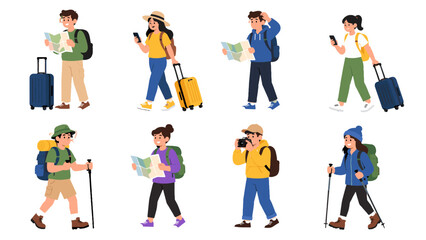 Fototapeta premium Collection of travelers and hikers with luggage maps and backpacks