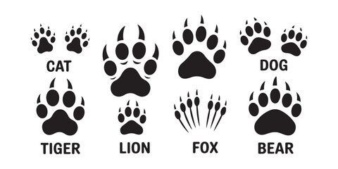 Collection of animal paw prints cat dog tiger lion fox bear icons isolated. © Modern