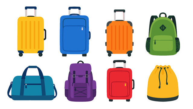 Set of colorful travel bags and suitcases in flat style