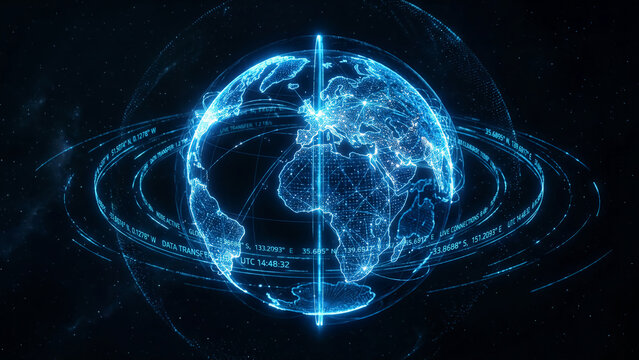 Digital glowing globe with futuristic rings and data streams, representing global connectivity and technology.