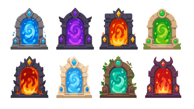 Set of fantasy magic portal gates with glowing elemental designs