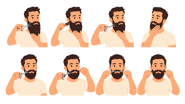 Set of bearded man grooming and mustache trimming illustrations