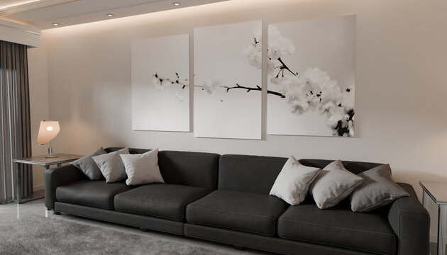 Luxury Living Room Interior Design Featuring Elegant Sofa Ambient Lighting Contemporary Wall Art Modern Decor And Sophisticated Residential Architecture