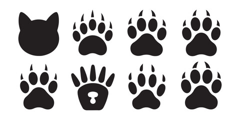 Collection of various animal footprints and a cat silhouette isolated on transparent background. © Modern