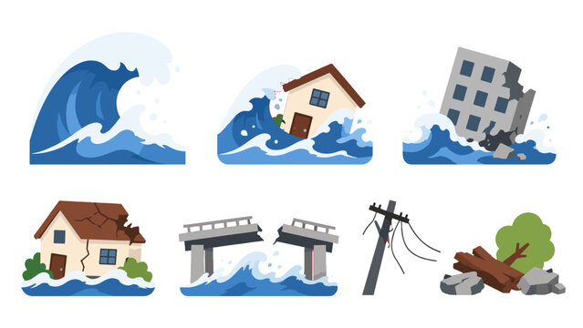 Tsunami disaster icons with waves damaging buildings and bridge