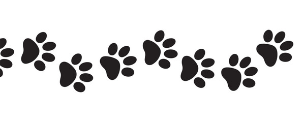 Seamless border pattern of animal paw prints walking across a transparent background design file. © Modern