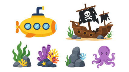 Cartoon underwater elements set with submarine shipwreck and octopus © Alan