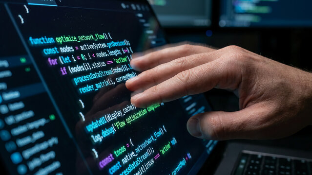 Hand interacting with computer code on screen.